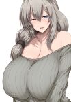  1girl ;) absurdres bangs blue_eyes breasts censored eyebrows eyebrows_visible_through_hair grey_hair grey_sweater hair_between_eyes hair_ribbon highres huge_breasts looking_at_viewer love_handles low_tied_hair mature_female off-shoulder_sweater off_shoulder one_eye_closed ribbed_sweater ribbon short_hair smile solo sweater tsukasawa_takamatsu uzaki-chan_wa_asobitai! uzaki_tsuki 