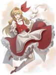  1girl apron blonde_hair bow buttons cat dress ellen_(touhou) frilled_skirt frills full_body hair_bow highres long_hair open_mouth otoshiro_kosame phantasmagoria_of_dim.dream red_bow red_footwear red_skirt red_vest shirt short_sleeves simple_background skirt sokrates_(touhou) touhou touhou_(pc-98) vest white_apron white_shirt yellow_eyes 