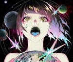  1girl bangs black_hair blunt_bangs eyelashes facial_mark fangs looking_at_viewer makeup multicolored_hair open_mouth original pink_hair planet ram_(ramlabo) short_hair solo space star_(sky) star_(symbol) tongue upper_body yellow_eyes 