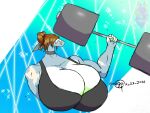  anthro big_breasts blue_body blue_skin bra breasts brown_hair clothing exercise female fish hair lamniform marine meg_dommga megalodon non-mammal_breasts omegaterasu_(artist) scar shark solo underwear weightlifting weights workout 