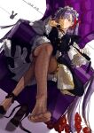  1girl absurdres apron bb_(fate) bb_(fate)_(all) black_dress chair crossed_legs dress fate/grand_order fate_(series) fishnet_legwear fishnets high_heels highres holding holding_whip long_hair looking_at_viewer maid maid_apron purple_eyes purple_hair ribbon simple_background sitting solo whip white_background yolanda 