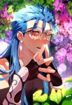  1boy bespectacled black_gloves blue_hair bracelet cu_chulainn_(caster)_(fate) cu_chulainn_(fate)_(all) dol_ishi earrings elbow_gloves fate/grand_order fate_(series) fingerless_gloves fingers_together flower glasses gloves highres jewelry korean_commentary long_hair looking_at_viewer male_focus multiple_piercings one_eye_closed open_mouth red_eyes smile solo spiked_hair tank_top vambraces 