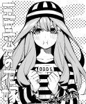  1girl alternate_costume bangs blush collarbone commentary_request copyright_name go-toubun_no_hanayome greyscale hair_between_eyes hair_ornament haruba_negi hat horizontal_stripes long_hair long_sleeves looking_at_viewer monochrome nakano_itsuki prison_clothes simple_background solo star_(symbol) star_hair_ornament striped striped_clothes striped_headwear sulking upper_body wrist_cuffs 