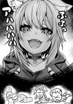  animal_collar animal_ear_fluff animal_ears breasts cat_ears chef_hat collar commentary_request evil_smile fang greyscale hat hololive hood hoodie large_breasts monochrome nekomata_okayu open_mouth plate smile sweater tears twintails xo yukinojou_yakan 