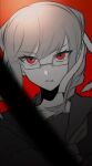  1girl bangs black_shirt braid collarbone danganronpa_(series) danganronpa_2:_goodbye_despair glasses hair_ribbon highres long_hair looking_at_viewer nyu_(bbpp08) parted_lips pekoyama_peko portrait red_background red_eyes ribbon rimless_eyewear school_uniform shiny shiny_hair shirt solo twin_braids white_ribbon 