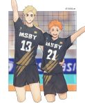  2boys 2girls 5600cm :d :q bangs blonde_hair blurry border brown_eyes haikyuu!! highres hinata_shouyou hug looking_at_viewer male_focus miya_atsumu multiple_boys multiple_girls open_mouth orange_hair short_hair smile sportswear standing sweat tongue tongue_out twitter_username volleyball_net volleyball_uniform 