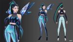  1girl black_hair blonde_hair character_request clothing_request commentary dress earrings english_commentary english_text green_hair grey_background high_heels highres jason_chan jewelry k/da_(league_of_legends) league_of_legends long_hair looking_at_viewer multicolored_hair pants purple_eyes purple_hair simple_background tagme 