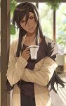  1boy :d bangs black_hair blurry blurry_background brown_jacket brown_shirt collarbone commentary_request cup dark_skin depth_of_field eyebrows_visible_through_hair hair_between_eyes hand_up head_tilt holding holding_cup hu_kotora indoors jacket long_hair long_sleeves looking_at_viewer male_focus mug off_shoulder open_clothes open_jacket open_mouth original red_eyes shirt signature sleeves_past_wrists smile solo upper_teeth very_long_hair 
