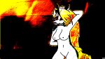  2021 anthro breasts canid canid_demon canine demon digital_media_(artwork) exhibitionism female genitals hair hands_behind_back hands_behind_head hellhound helluva_boss koz&#039;ye_moloko_(artist) long_hair loona_(vivzmind) mammal mostly_nude orange_background presenting pussy red_sclera simple_background solo standing white_body 