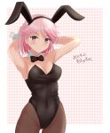  1girl ame-san animal_ears armpits black_legwear black_leotard bow bowtie breasts bunny_ears cleavage commentary_request cowboy_shot dated detached_collar giuseppe_garibaldi_(kancolle) highres kantai_collection leotard looking_at_viewer medium_breasts pantyhose pink_eyes pink_hair playboy_bunny short_hair solo strapless strapless_leotard twitter_username wrist_cuffs 