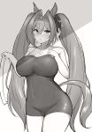  1girl :o animal_ears bangs blush breasts cleavage covered_navel daiwa_scarlet_(umamusume) eyebrows_visible_through_hair greyscale hair_between_eyes hair_intakes hair_ribbon highres holding holding_towel horse_ears horse_tail huge_breasts long_hair monochrome one-piece_swimsuit open_mouth ribbon simple_background solo swimsuit tail tiara towel twintails umamusume very_long_hair wanwangiogio 