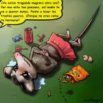  anthro bodily_fluids bottomwear carmelita_(zentagas) clothing crying dialogue didelphid female fur mammal marsupial skirt solo spanish_text tears text translation_request whiskers zentagas 