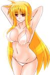  1girl arm_behind_head bikini blonde_hair breasts commentary_request covered_navel cowboy_shot engo_(aquawatery) fate_testarossa groin large_breasts long_hair lyrical_nanoha mahou_shoujo_lyrical_nanoha_strikers red_eyes simple_background solo swimsuit wet white_background white_bikini 