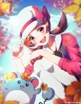  1girl :d amegnco3 artist_name autumn_leaves blue_sky blurry blurry_background blurry_foreground bow brown_eyes brown_hair day gen_2_pokemon hat hat_bow highres holding holding_leaf leaf lens_flare long_hair long_sleeves low_twintails lyra_(pokemon) maple_leaf marill open_mouth outdoors pokemon pokemon_(creature) pokemon_(game) pokemon_hgss red_bow red_shirt shiny shiny_hair shirt sky smile solo suspenders twintails white_headwear white_legwear 