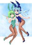  2girls animal_ears blue_eyes blue_footwear blue_hair blue_leotard blue_neckwear bow bowtie brown_legwear bunny_ears bunny_tail cirno commentary_request commission daiyousei detached_collar fairy_wings full_body green_eyes green_footwear green_hair green_leotard green_neckwear high_heels highres ice ice_wings leotard looking_at_viewer multiple_girls nyo pantyhose playboy_bunny short_hair skeb_commission strapless strapless_leotard tail touhou wings wrist_cuffs 