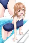  1girl arm_rest ass ass_visible_through_thighs blush breasts brown_hair collarbone commentary_request covered_nipples cowboy_shot feet_out_of_frame from_below hair_between_eyes happy highres kunikida_hanamaru large_breasts looking_at_viewer love_live! love_live!_sunshine!! multiple_views nail_polish open_mouth pool school_swimsuit shadow short_hair sidelocks solo swimsuit thighs wet yellow_eyes yopparai_oni 