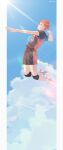  1boy 5600cm absurdres bangs blue_sky brown_eyes cloud full_body grin haikyuu!! highres hinata_shouyou huge_filesize jumping lens_flare looking_up male_focus orange_eyes pillarboxed shoes short_hair sky smile sneakers sportswear sunlight teeth twitter_username volleyball_uniform 