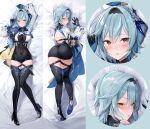  1girl arms_up ass bangs bed_sheet blue_hair blush breasts dakimakura_(medium) eula_(genshin_impact) full_body genshin_impact hair_ornament hairband highres large_breasts looking_at_viewer looking_back lying on_back sheet_grab short_hair solo thighhighs yellow_eyes zi_tong_zhi_lei 