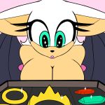  1:1 anthro big_breasts bracelet breasts chiropteran cleavage clothed clothing crown female gem green_eyes hair hi_res jewelry mammal pink_background rouge_the_bat simple_background solo sonic_the_hedgehog_(series) viktor2 white_hair wide_eyed 