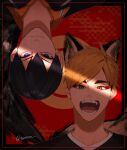  2boys 5600cm :d bangs black_hair blonde_hair blue_eyes brown_eyes haikyuu!! highres kageyama_tobio looking_at_viewer male_focus miya_atsumu multiple_boys open_mouth red_background short_hair simple_background slit_pupils smile teeth tongue twitter_username upside-down 