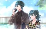  1boy 1girl 23@5 :o backpack bag bangs black_shirt blue_eyes blue_hair blue_sky blurry blurry_background breast_pocket breasts buttons byleth_(fire_emblem) byleth_(fire_emblem)_(female) byleth_(fire_emblem)_(male) cardigan cellphone cloud collarbone collared_shirt commentary_request contemporary cup day disposable_cup drinking earrings fire_emblem fire_emblem:_three_houses green_nails grey_cardigan hair_between_eyes height_difference holding holding_bag holding_cup holding_phone jewelry large_breasts long_hair long_sleeves looking_at_phone nail_polish open_cardigan open_clothes outdoors phone plaid plaid_shirt pocket ponytail railing shirt short_hair sidelocks sky smartphone standing stud_earrings tree upper_body yellow_shirt 