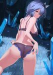  1girl ass bare_arms bare_shoulders black_bra black_panties blue_hair bra breasts closed_mouth crystal eula_(genshin_impact) expressionless from_behind genshin_impact grass hairband highres ice lace-trimmed_bra lace_trim large_breasts long_hair looking_at_viewer looking_back nev_(nevblindarts) panties solo thighs underwear underwear_only yellow_eyes 