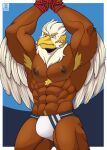  abs accipitrid accipitriform anthro armpit_hair arms_tied avian beak bird blue_eyes blush body_hair border bound brown_body bulge clothed clothing eagle feathers gloves handwear hi_res looking_down male muscular muscular_anthro muscular_male nipples pecs raised_arms solo thunderbird_(tas) tokyo_afterschool_summoners topless video_games vier_punksterne white_body white_border white_feathers wings yellow_beak 
