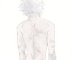  1boy back from_behind highres hunter_x_hunter killua_zoldyck male_focus scar scar_on_back shirtless silver_hair simple_background solo spiked_hair toripippi_7 upper_body white_background 