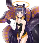  1girl absurdres bangs bare_shoulders black_dress black_gloves daniaeru detached_sleeves dress eyebrows_visible_through_hair flat_chest fur_choker gloves halo highres hololive hololive_english long_hair monogram ninomae_ina&#039;nis purple_eyes purple_hair single_detached_sleeve smile solo tentacle_hair tentacles v very_long_hair virtual_youtuber white_background 