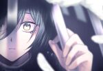  1boy bangs bars black_hair black_jacket blurry blurry_foreground brown_eyes close-up commentary_request danganronpa_(series) danganronpa_v3:_killing_harmony depth_of_field hand_up jacket looking_at_viewer male_focus parted_lips porary saihara_shuuichi short_hair solo striped_jacket 