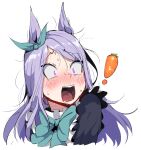  ! 1girl animal_ears bangs black_jacket blush bow bowtie carrot ear_ribbon eyebrows_visible_through_hair highres horse_ears horse_girl jacket long_hair mejiro_mcqueen_(umamusume) nose_blush open_mouth pink_eyes purple_hair ribbon sd_bigpie simple_background solo sweat umamusume upper_body white_background 