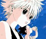  2boys bangs blue_sky can closed_mouth drinking gon_freecss greyscale hair_between_eyes highres holding holding_can hunter_x_hunter killua_zoldyck male_focus monochrome multiple_boys outdoors sky spiked_hair sweat tank_top toripippi_7 upper_body 