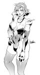  1girl artist_name bodysuit bowalia breasts covered_navel feet_out_of_frame g_gundam gundam hairband hand_on_thigh lipstick makeup medium_breasts monochrome open_mouth rain_mikamura short_hair signature simple_background solo thighs white_background 