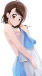  1girl blue_skirt bra breasts brown_eyes brown_hair closed_mouth highres hiroki_(yyqw7151) holding holding_clothes medium_breasts nisekoi onodera_kosaki pink_bra short_hair simple_background skirt solo underwear white_background 