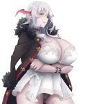  1girl black_panties coat coat_on_shoulders crossed_arms dress from_side fur-trimmed_coat fur_trim highres open_clothes open_coat original panties pointy_ears red_eyes sakurama_haruomi short_hair smile solo underwear white_background white_dress white_hair 