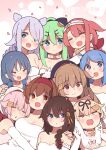  &gt;_&lt; 6+girls :&lt; =_= ahoge black_headwear black_ribbon blonde_hair blue_eyes blue_hair blush braid brown_eyes brown_hair closed_mouth dress elbow_gloves eyebrows_visible_through_hair fang gloves green_hair hair_between_eyes hair_flaps hair_ornament hair_ribbon hairband hairclip harusame_(kancolle) hat heterochromia highres jewelry kantai_collection kawakaze_(kancolle) light_brown_hair long_hair mole mole_under_eye multiple_girls murasame_(kancolle) open_mouth parted_lips pink_hair ponytail red_eyes red_hair red_hairband remodel_(kantai_collection) ribbon ring sailor_hat samidare_(kancolle) shigure_(kancolle) shiratsuyu_(kancolle) short_hair side_ponytail silver_hair single_braid skin_fang smile suzukaze_(kancolle) suzuki_toto twin_braids umikaze_(kancolle) wedding_band wedding_dress white_dress white_gloves white_headwear yamakaze_(kancolle) yuudachi_(kancolle) 