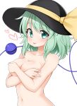  1girl :p aqua_eyes aqua_hair bangs black_headwear blush breasts cleavage closed_mouth commentary_request covering covering_breasts crossed_arms eyeball eyebrows_visible_through_hair hat hat_ribbon heart highres komeiji_koishi looking_at_viewer medium_hair nude ribbon simple_background smile solo suwa_yasai third_eye tongue tongue_out touhou upper_body white_background yellow_ribbon 