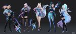  5girls absurdres ahri akali blonde_hair character_request clothing_request commentary dress earrings english_commentary english_text evelynn_(league_of_legends) grey_background high_heels highres jason_chan jewelry k/da_(league_of_legends) kai&#039;sa league_of_legends long_hair looking_at_viewer multiple_girls seraphine_(league_of_legends) simple_background standing tagme 