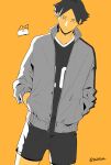  1boy 5600cm bangs black_hair haikyuu!! hands_in_pockets highres jacket looking_at_viewer male_focus monochrome open_clothes open_jacket short_hair simple_background sportswear spot_color standing suna_rintarou twitter_username volleyball_uniform yellow_background 