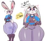  anthro big_butt black_body black_fur blush bodily_fluids breasts butt clothed clothing dialogue disney english_text female fingerless_gloves fingers fur gloves grey_body grey_fur hand_on_hip handwear huge_butt judy_hopps kiseff lagomorph leporid looking_at_viewer looking_back mammal multicolored_body multicolored_fur police_uniform purple_eyes rabbit short_stack simple_background solo standing sweat text thick_thighs uniform white_background white_body white_fur wide_hips zootopia 
