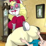  1:1 anthro big_butt bugs_bunny bulge butt clothed clothing crossdressing duo furryartemis gynomorph gynomorph/male huge_butt human humanoid hyper hyper_butt intersex intersex/male lagomorph leporid lipstick looney_tunes makeup male mammal rabbit size_difference the_looney_tunes_show warner_brothers 