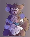  absurd_res anthro beastars bodily_fluids bottomwear bra breasts canid canine canis chest_fur clothing crouching cum cum_drip cum_on_face dripping female fluffy genital_fluids handcuffed hi_res juno_(beastars) looking_pleasured looking_up lots_of_cum mammal nipples oopsie-gay open_mouth paws school_uniform skirt solo teeth_showing unbuttoned_shirt underwear uniform wolf 