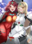  2girls absurdres bangs blonde_hair bodysuit breasts earrings highres ii_tea jewelry large_breasts long_hair multiple_girls mythra_(xenoblade) neon_genesis_evangelion pyra_(xenoblade) red_eyes red_hair short_hair swept_bangs tiara very_long_hair xenoblade_chronicles_(series) xenoblade_chronicles_2 yellow_eyes 