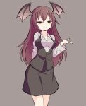  1girl absurdres arm_behind_back bangs bat_wings black_skirt black_vest breasts closed_mouth dekaraitaa eyebrows_visible_through_hair feet_out_of_frame grey_background half-closed_eyes hand_up head_wings highres koakuma long_hair looking_at_viewer medium_breasts red_eyes red_hair shirt simple_background skirt smile solo standing touhou very_long_hair vest white_shirt wings 