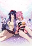  absurdres alternate_hair_color armband bangs black_skirt braid breasts bronya_zaychik cherry_blossoms fu_hua hair_ornament highres honkai_(series) honkai_impact_3rd jacket kiana_kaslana large_breasts long_hair looking_at_viewer murata_himeko nagi-kaze one_eye_closed open_mouth outdoors purple_eyes purple_jacket raiden_mei seele_vollerei shorts side_braid sitting skirt smile sweater theresa_apocalypse yuri 