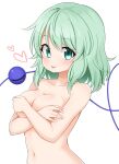  1girl :p aqua_eyes aqua_hair bangs blush breasts cleavage closed_mouth commentary_request covering covering_breasts crossed_arms eyeball eyebrows_visible_through_hair heart highres komeiji_koishi looking_at_viewer medium_hair no_hat no_headwear nude simple_background smile solo suwa_yasai third_eye tongue tongue_out touhou upper_body white_background 