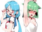  2girls animal_ears aqua_hair arm_up armpits bangs blue_sailor_collar blush breasts character_request cleavage ear_piercing eyebrows_visible_through_hair glasses green_hair highres korean_commentary long_hair low_twintails medium_breasts multiple_girls neckerchief nose_blush open_mouth piercing red_eyes red_neckwear sailor_collar sd_bigpie sharp_teeth short_hair short_sleeves simple_background tank_top teeth twintails upper_body white_background white_tank_top yellow_eyes 