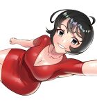  1girl absurdres black_eyes black_hair blush breasts cleavage clenched_hand collarbone daniaeru dress from_above highres jucika jucika_(comic) looking_at_viewer looking_up red_dress selfie short_hair sitting smile solo white_background wide_hips 