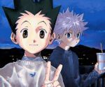  2boys :o alternate_costume bangs black_hair blue_eyes blue_sweater brown_eyes cup disposable_cup gon_freecss holding holding_cup hunter_x_hunter killua_zoldyck male_focus mountain multiple_boys night open_mouth outdoors selfie silver_hair sky smile spiked_hair sweater toripippi_7 v white_sweater 