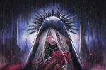  cross dark_templar_(dungeon_and_fighter) dungeon_and_fighter female_slayer_(dungeon_and_fighter) highres hood long_hair looking_at_viewer mizupein rain red_eyes red_lips tombstone white_hair 